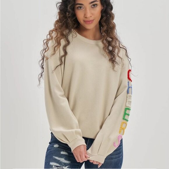 Aerie Pleated Sleeve Crewneck Cream Oversized Boxy Cheer Sweatshirt Size Large - Picture 1 of 10